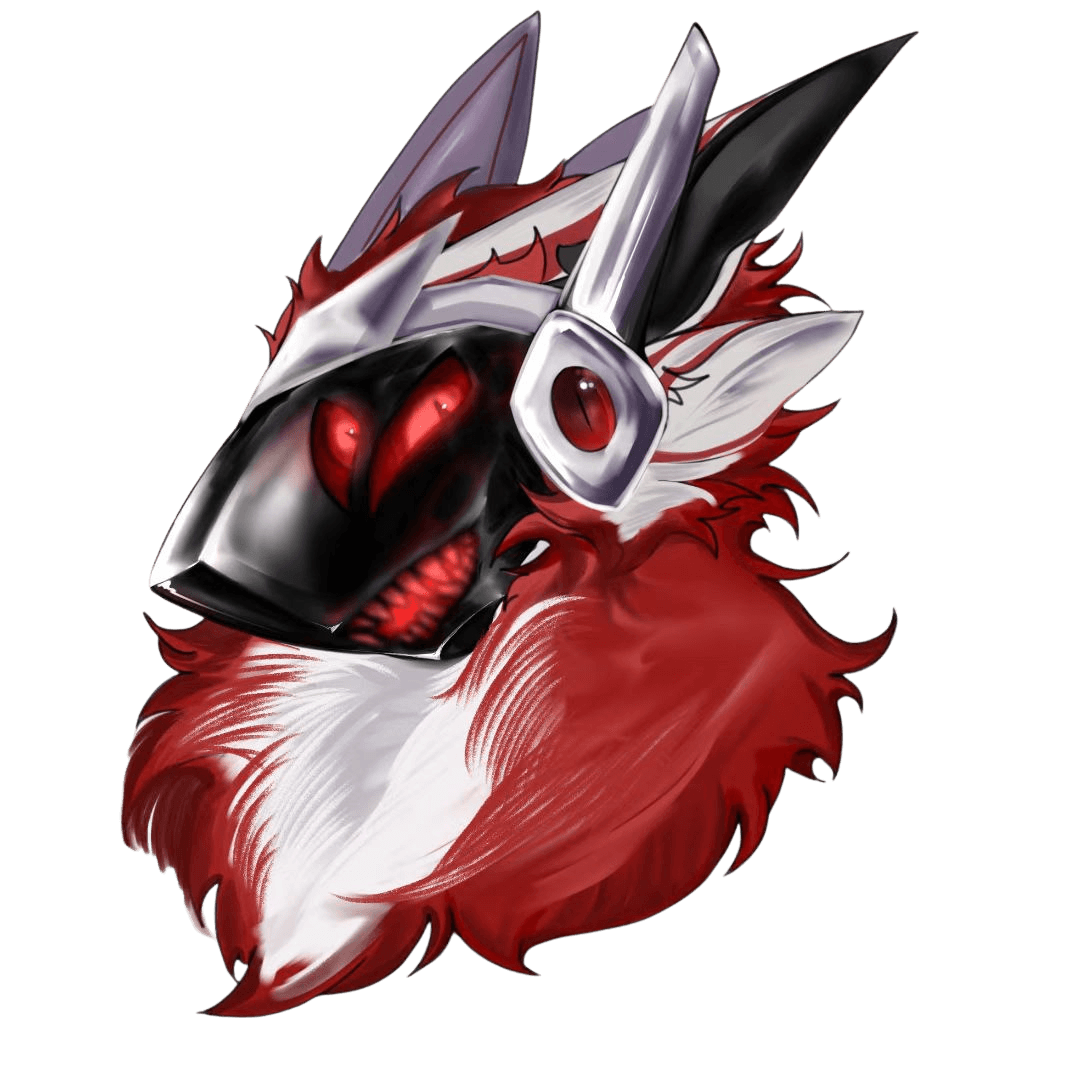 Shiverr, a red and white furred creature with a black glass visor and one glowing red eye